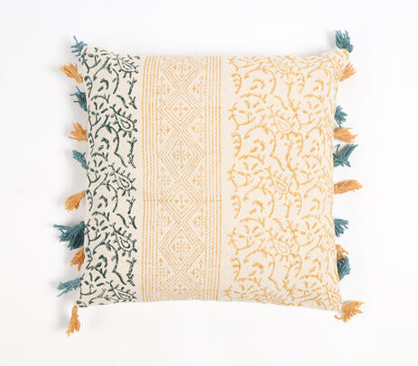 Block printed tassel cushion cover close-up of block print