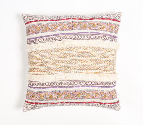 Block printed striped cushion cover paired with other cushions