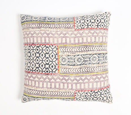 Block printed geometric cushion cover in a modern room