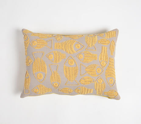 Fish embroidered cushion cover detail of cotton weave