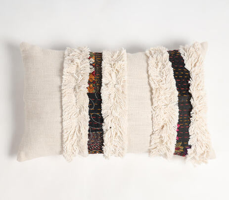 Handmade Shaggy Lace Cotton Cushion Cover – Artisan Cotton Cushion with Boho Lace Detailing