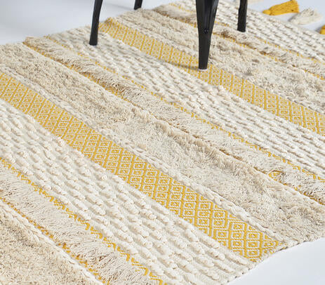 Handwoven & Tufted Tuscan Rug – Artisan Cotton Rug with Jacquard Weave, Tufts & Tassels