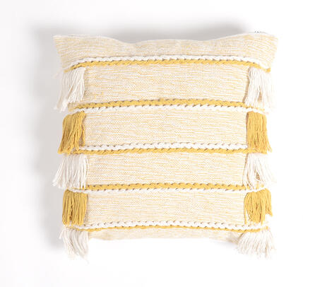 Yellow fringed cushion cover paired with other cushions