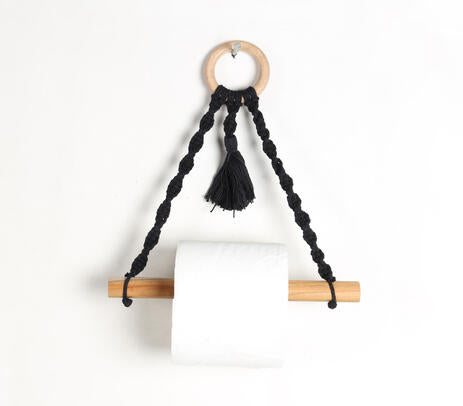 Cotton macrame and wood toilet roll holder product photo on white