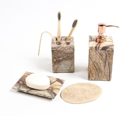Classic brown marble bath accessories set flat lay