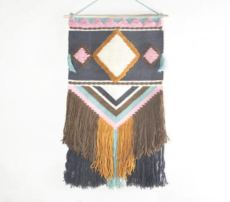 Soft blue wool wall hanging with hanging rod detail