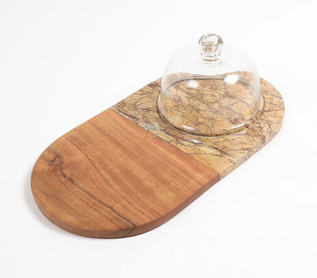 Marble and acacia wood capsule cake platter product photo