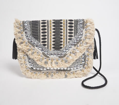 Metallic Sequin Embellished & Fringed Sling Bag