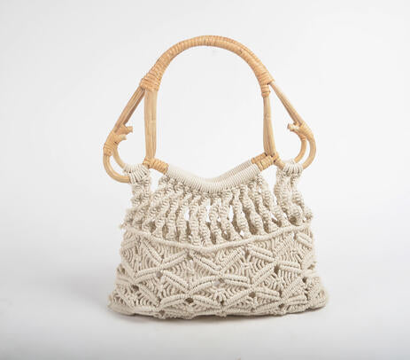 Boho Macrame Cotton Handbag with cane handles