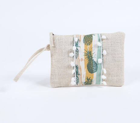Pompom-Lined Tropical Jute Wristlet