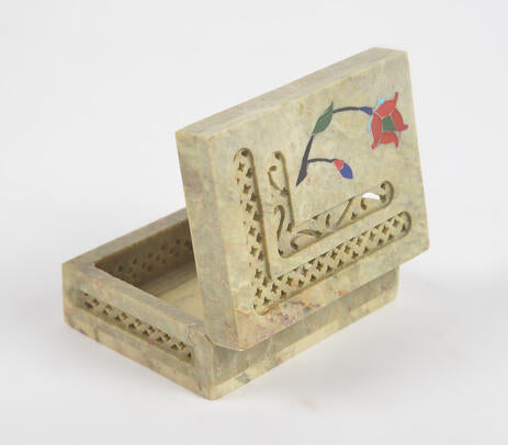 Inlaid Semi-Precious Stone & Lattice Cut Soapstone Jewelry Box