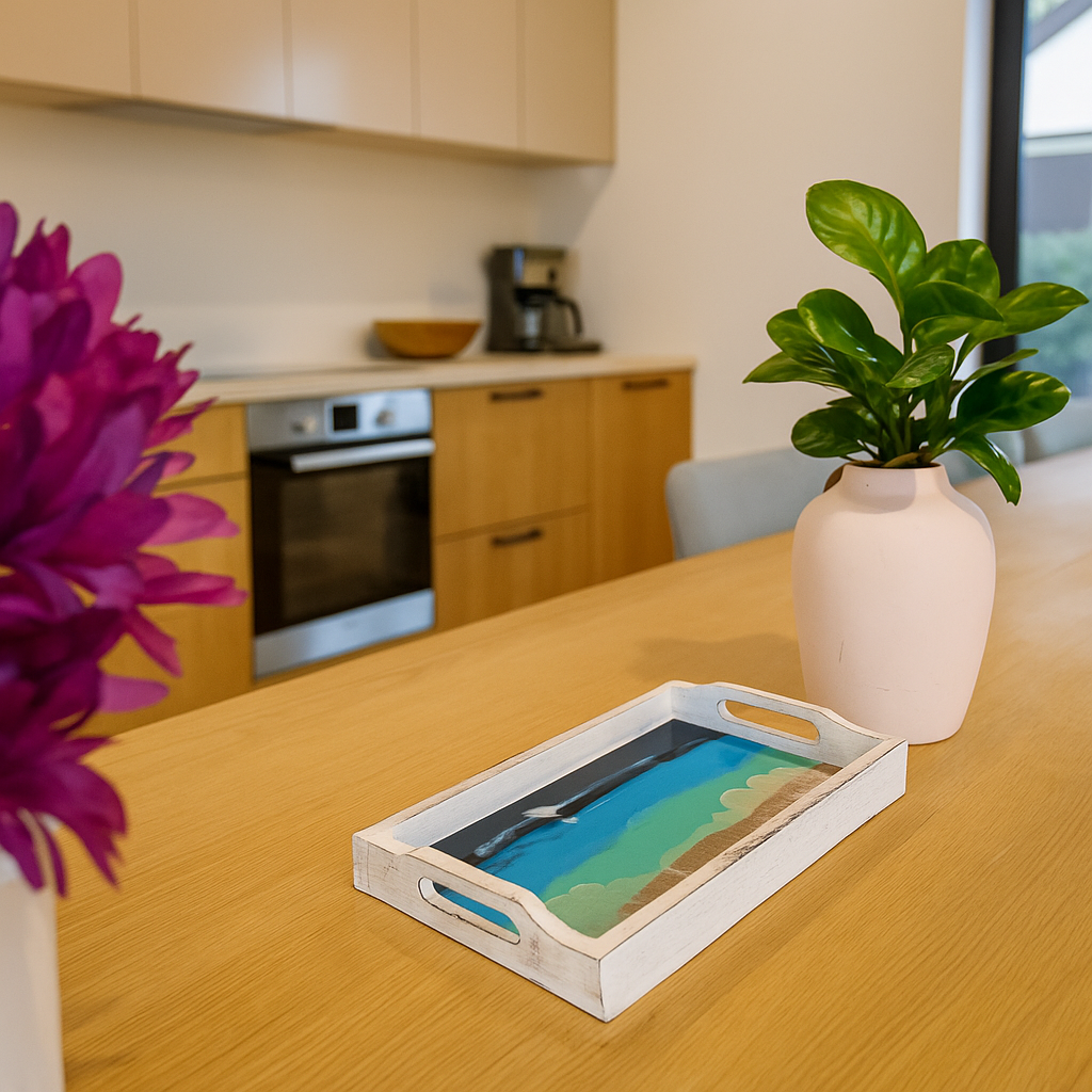 Abstract enamelled tray styled with food