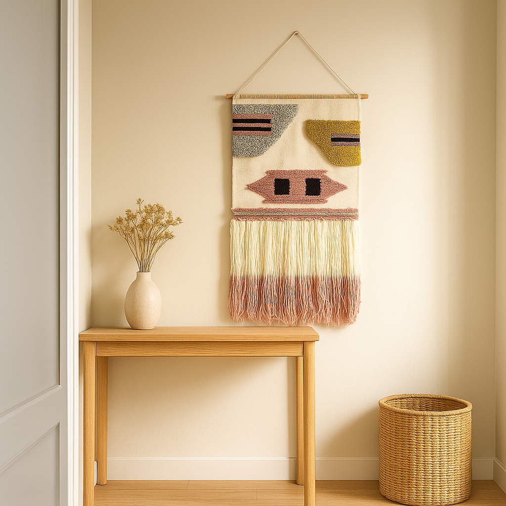 Handcrafted abstract wool wall hanging styled in a corner