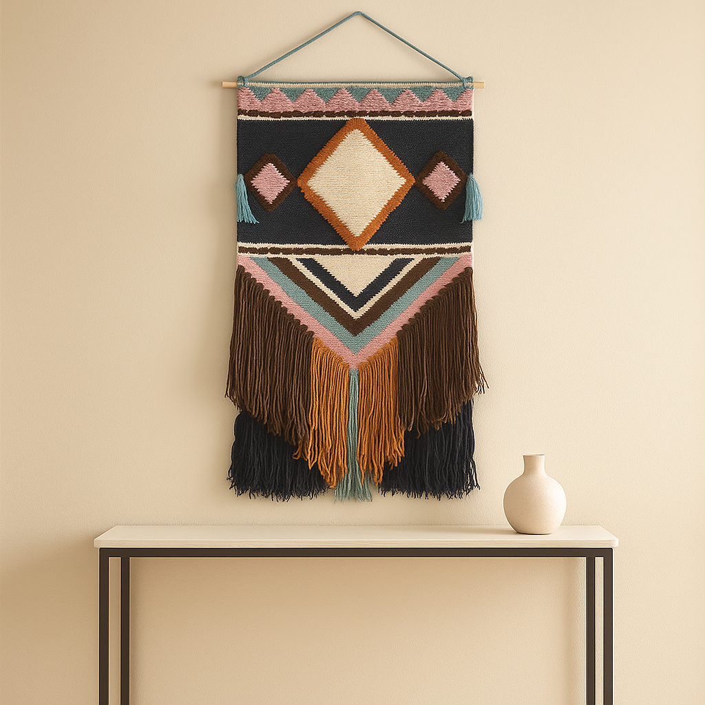 Soft blue wool wall hanging on a plain wall