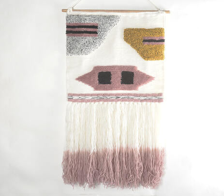 Handcrafted abstract wool wall hanging full straight-on view