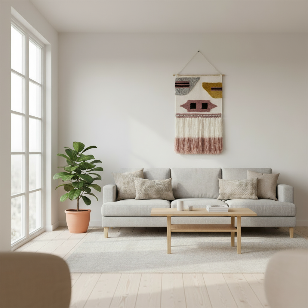 Handcrafted abstract wool wall hanging shown at an angle