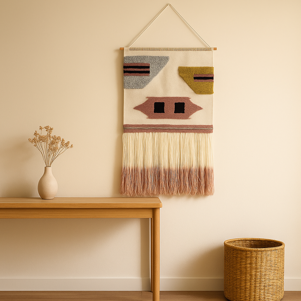 Handcrafted abstract wool wall hanging detail of fringe