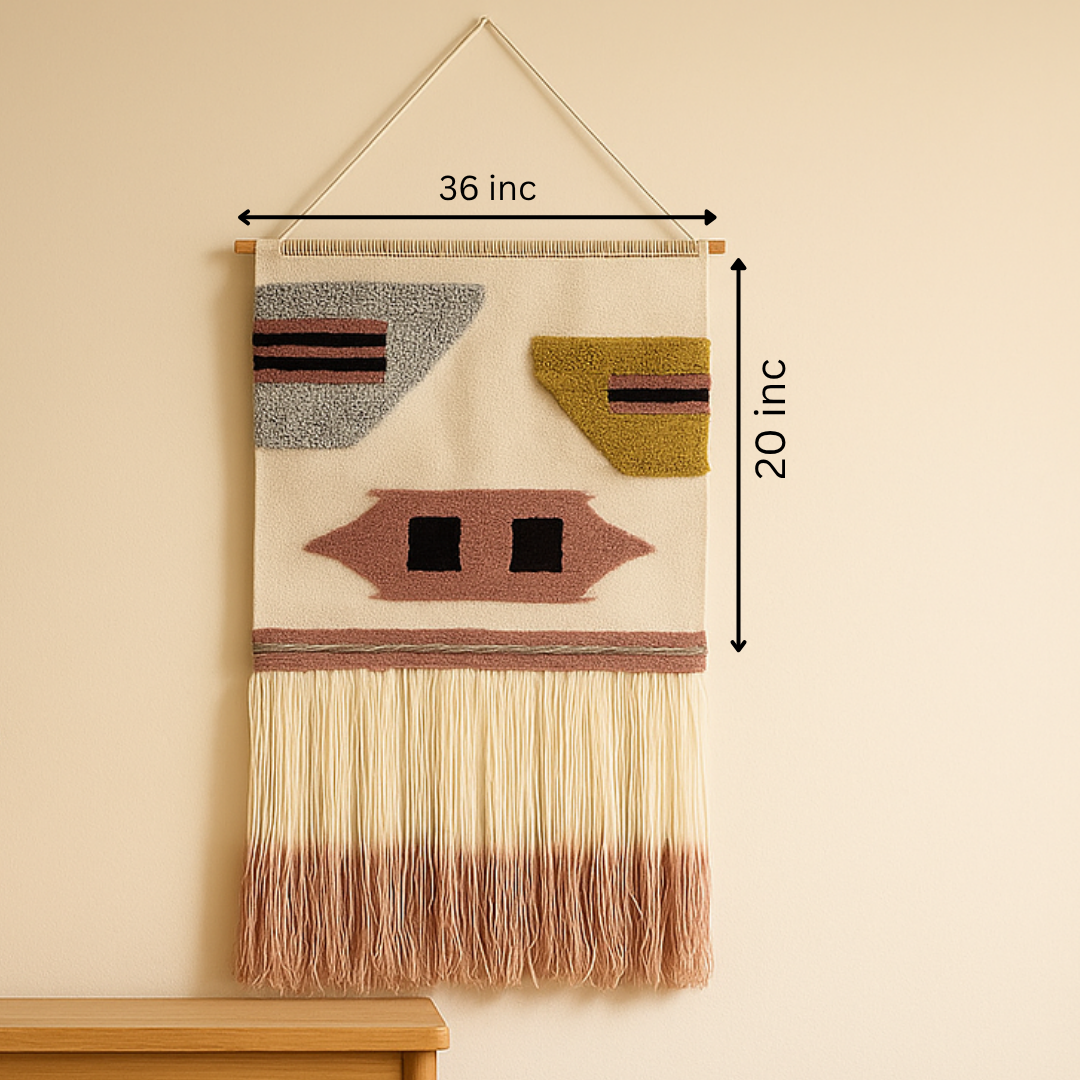 Handcrafted abstract wool wall hanging with size measurements