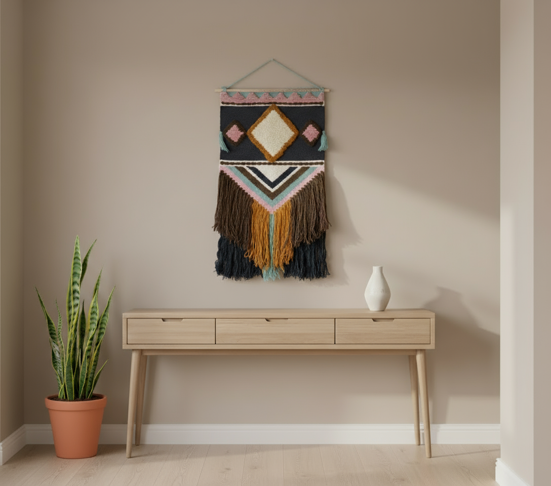 Soft blue wool wall hanging close-up of geometric motif