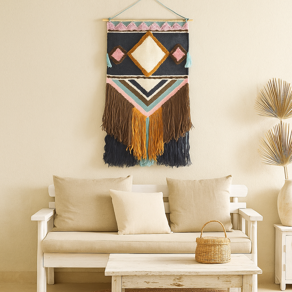 Soft blue wool wall hanging in a styled Australian boho room