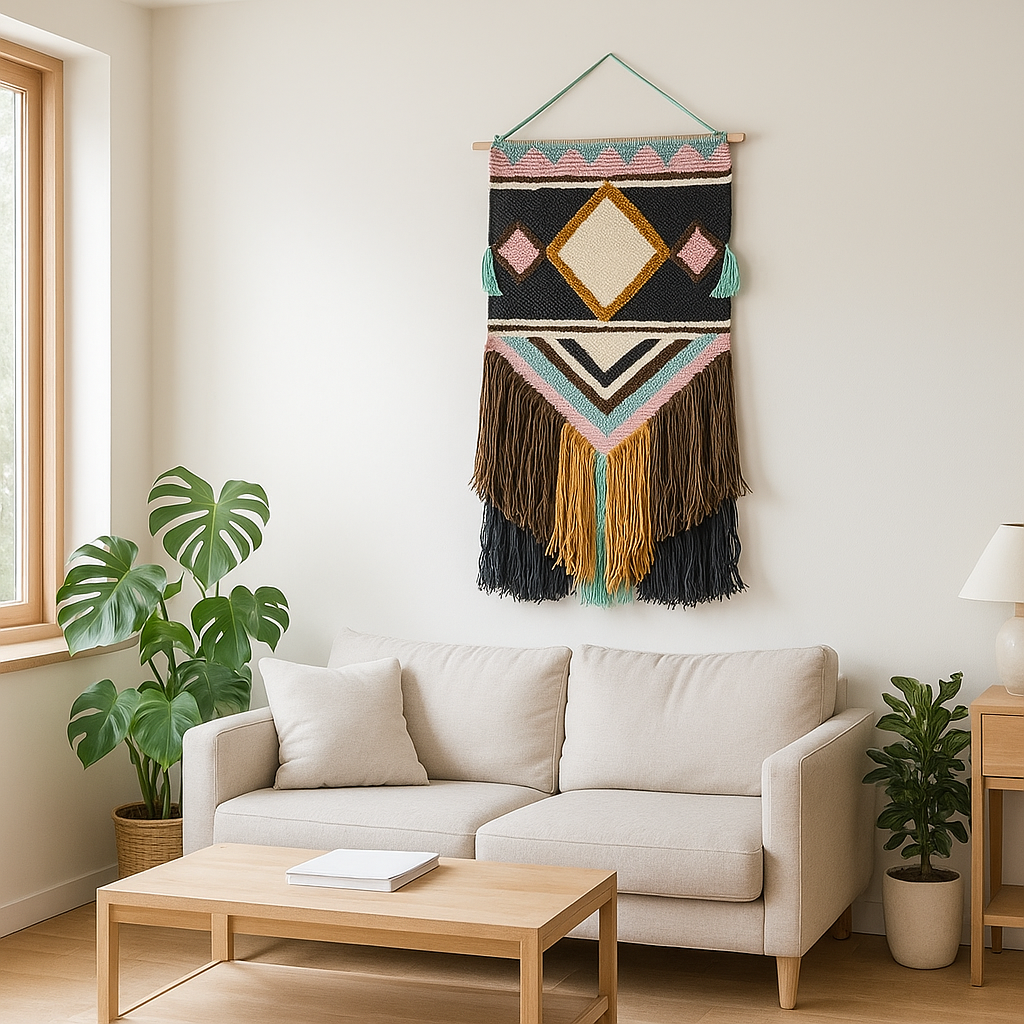 Soft blue wool wall hanging styled in a living room