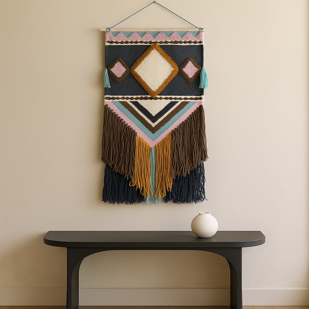 Soft blue wool wall hanging shown at an angle