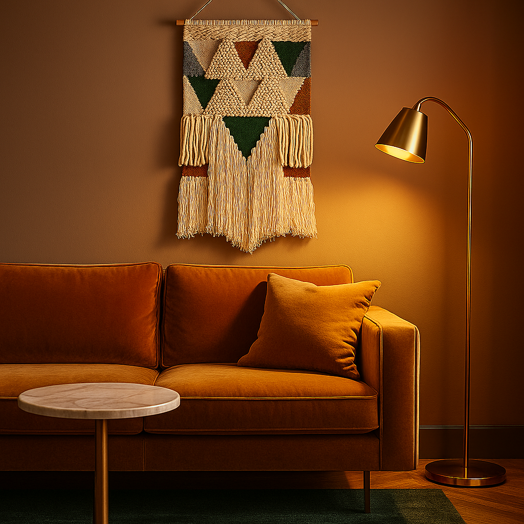 Loop and pile wool wall hanging styled in a boho interior