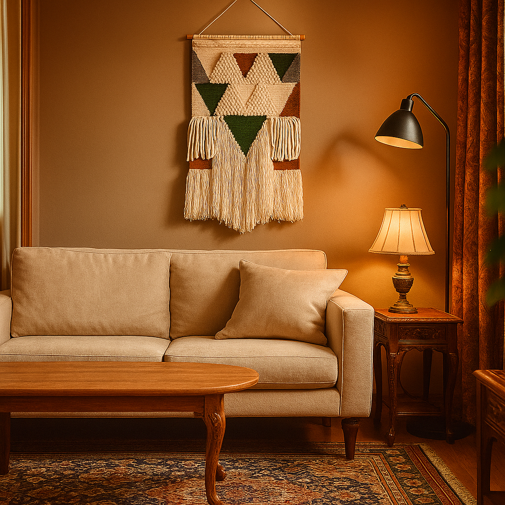 Loop and pile wool wall hanging in a living room