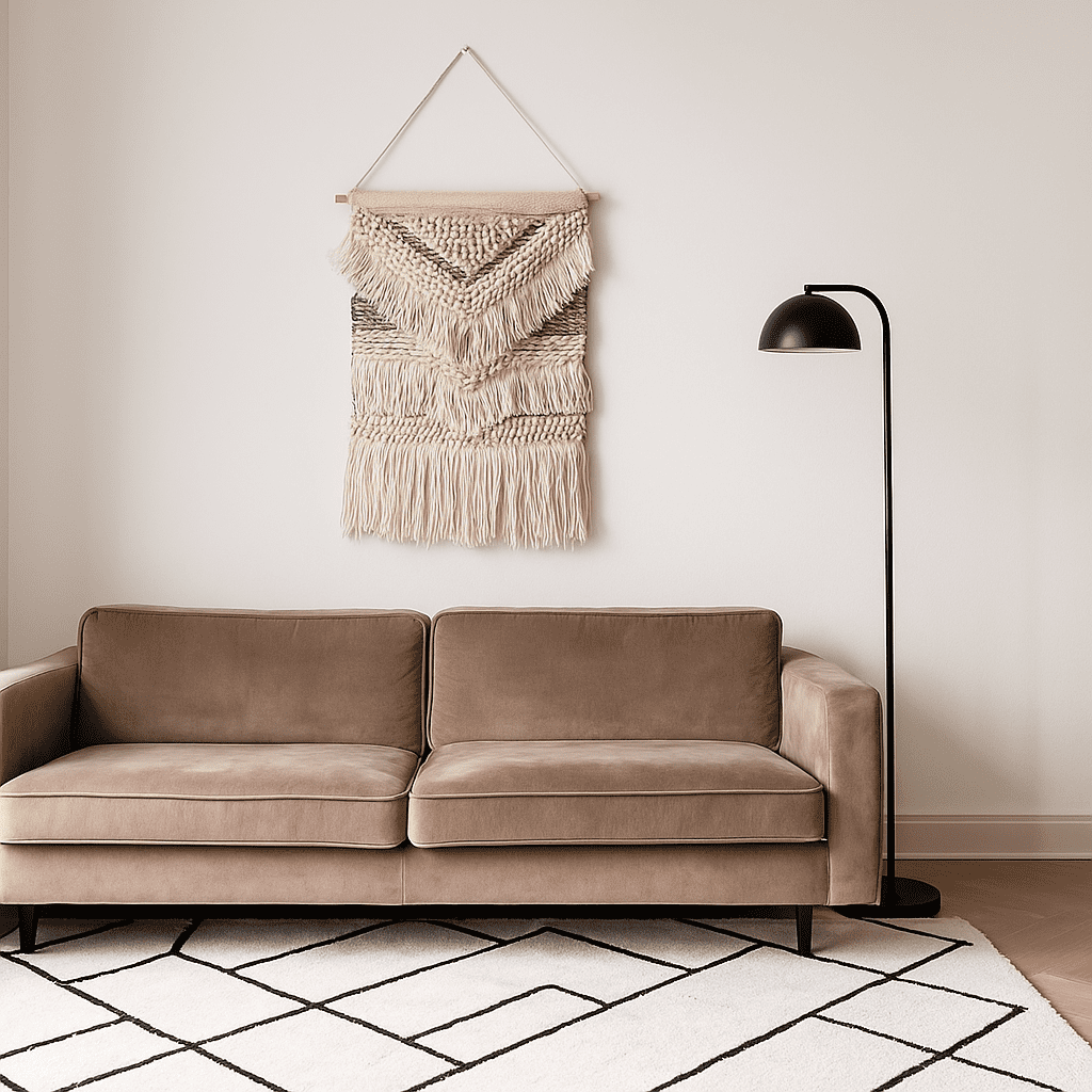 Multicolour wool and cotton wall hanging shown at an angle