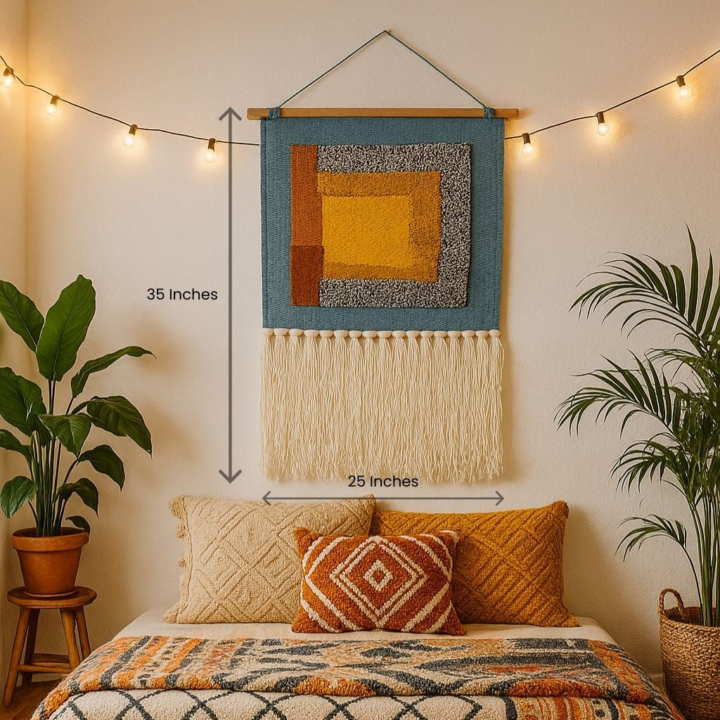 Abstract tasseled wall hanging styled in a hallway