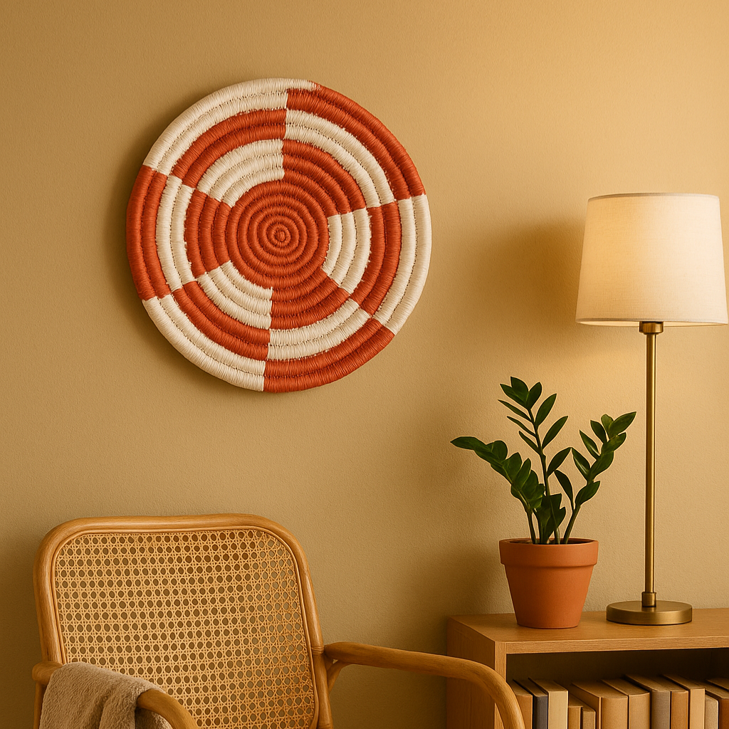 Red and white wall plate close-up of stitched colour join