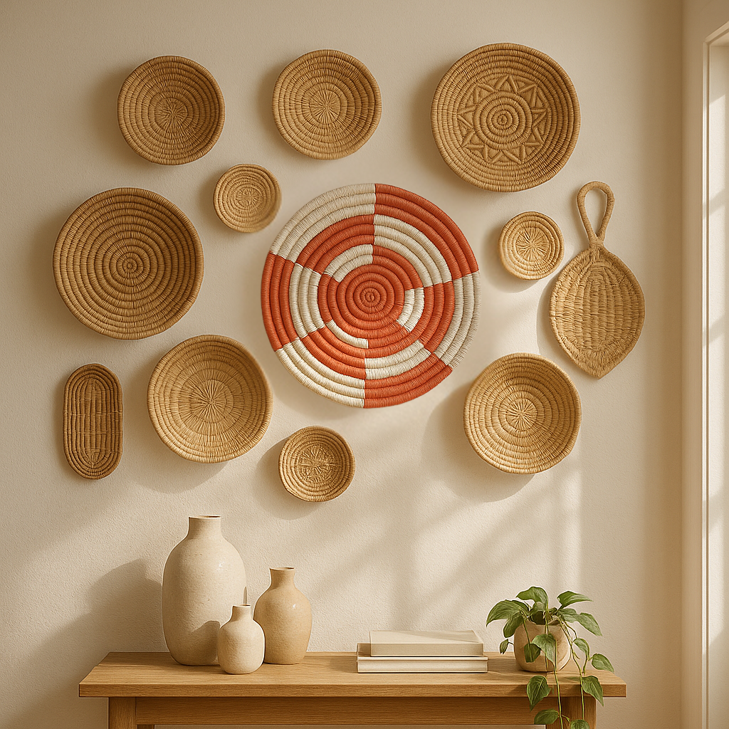 Red and white wall plate styled in a gallery wall grouping