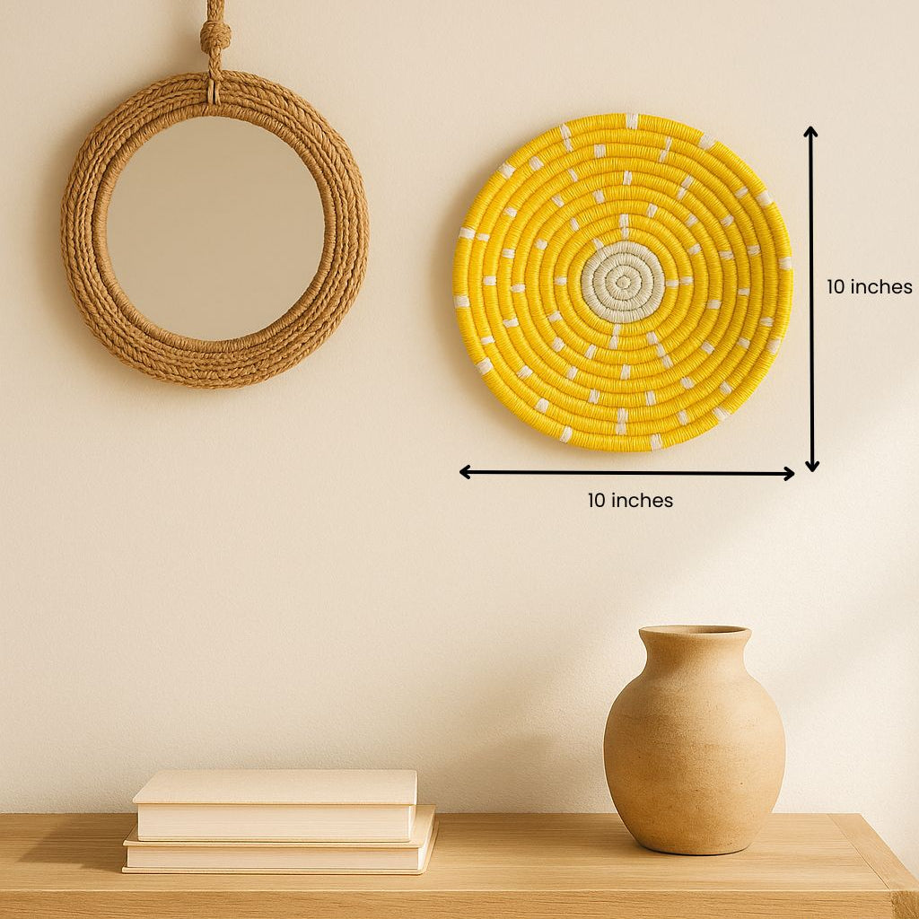 Yellow boho wall plate shown at an angle