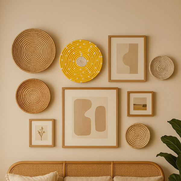Yellow Boho Wall Plate | Handwoven Round Natural Fibre Decor