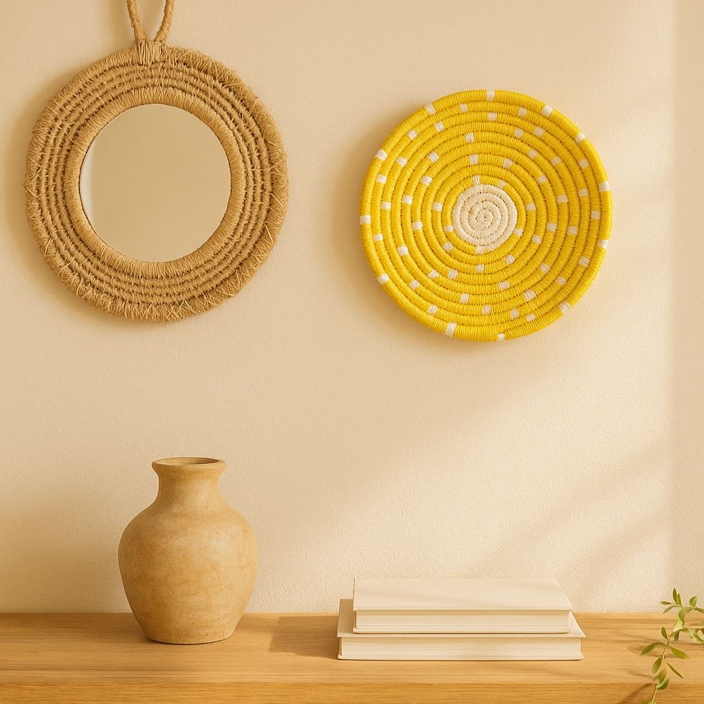 Yellow boho wall plate styled in a bright room