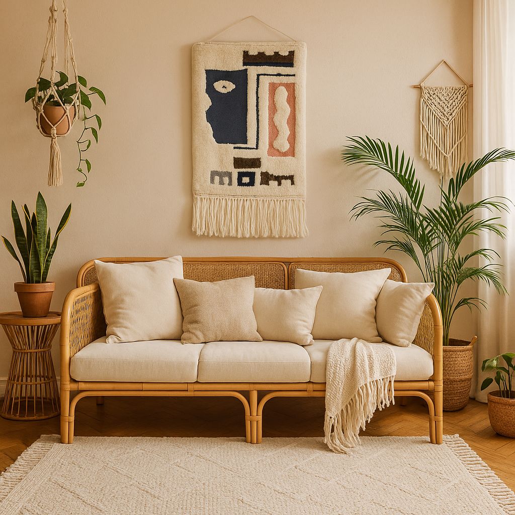 Large tufted cotton wall hanging styled as feature decor in a living room