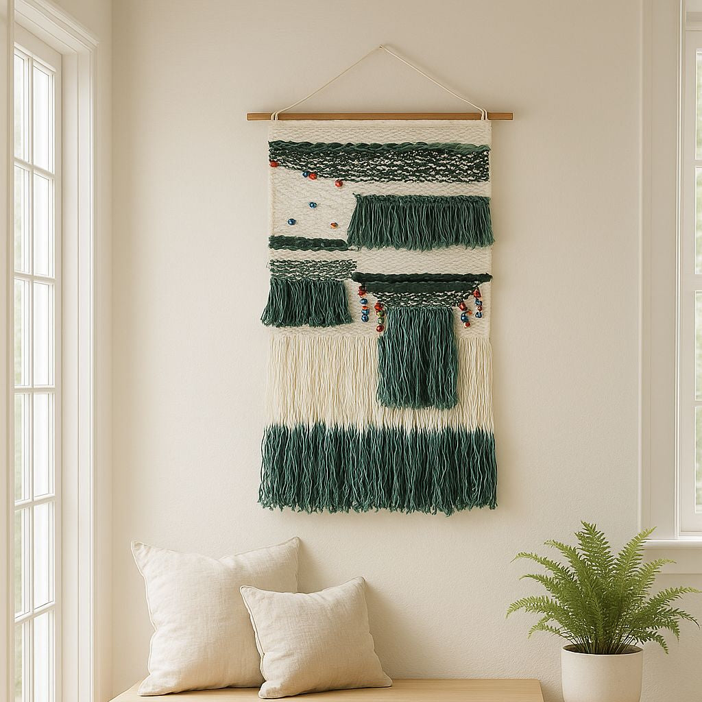 Tufted ombre wall hanging shown at an angle