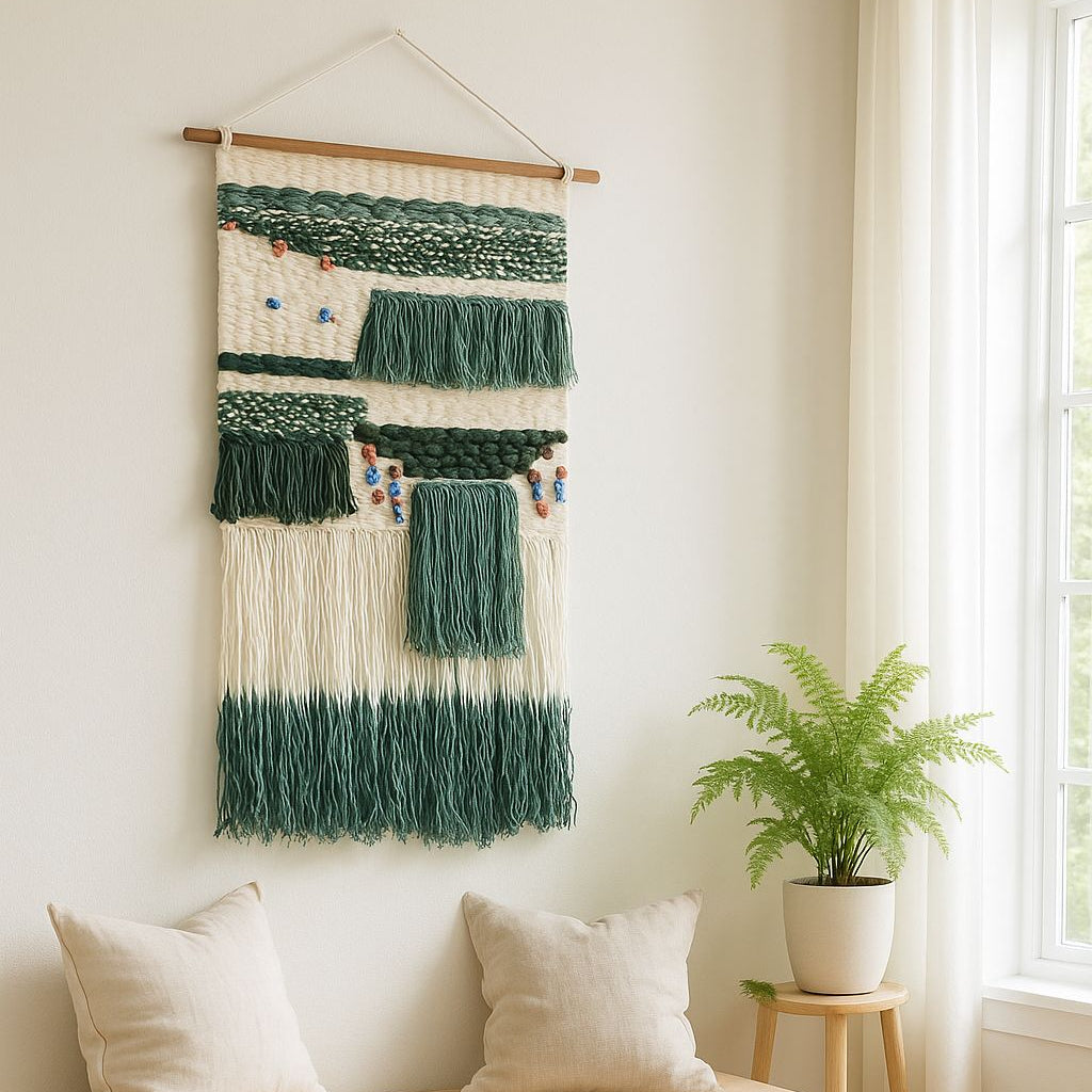 Tufted ombre wall hanging styled in a boho interior