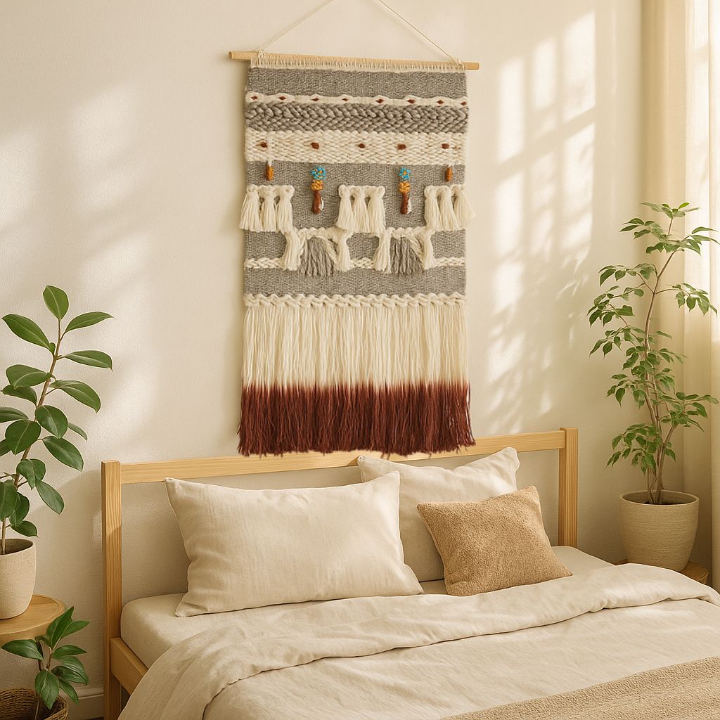 Beaded wool wall hanging shown at an angle