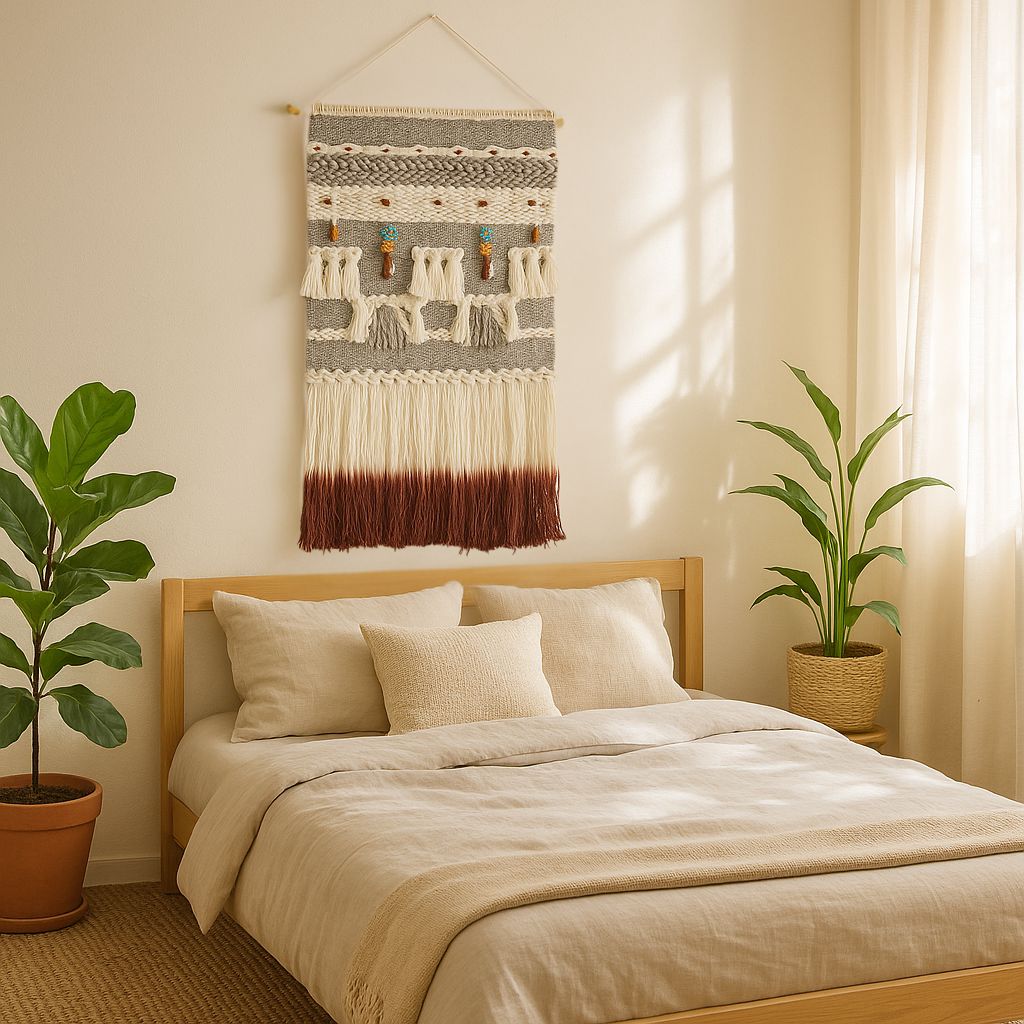 Beaded wool wall hanging styled in a boho room for bedroom, hallway, or entry nook