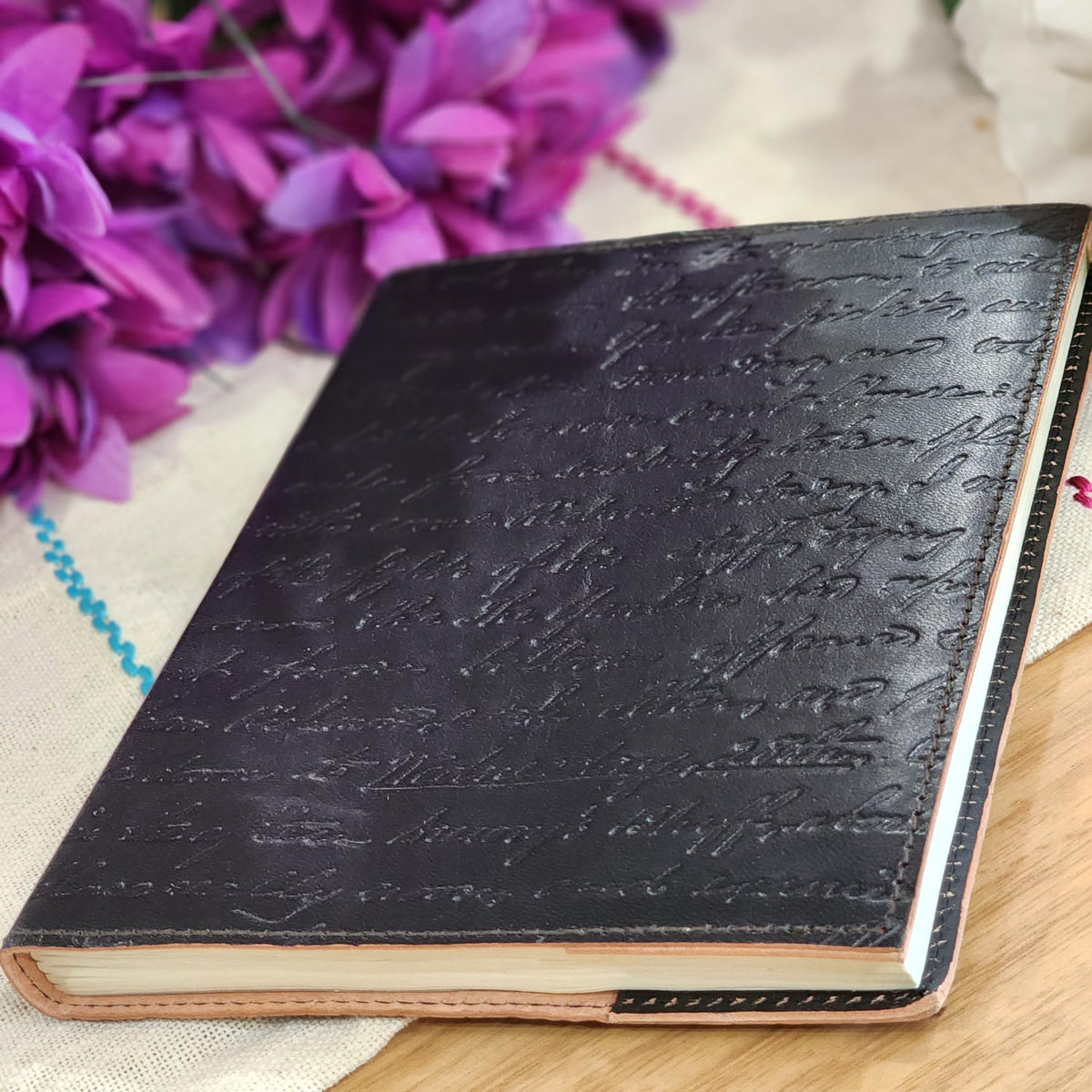 Typographic leather diary cover view