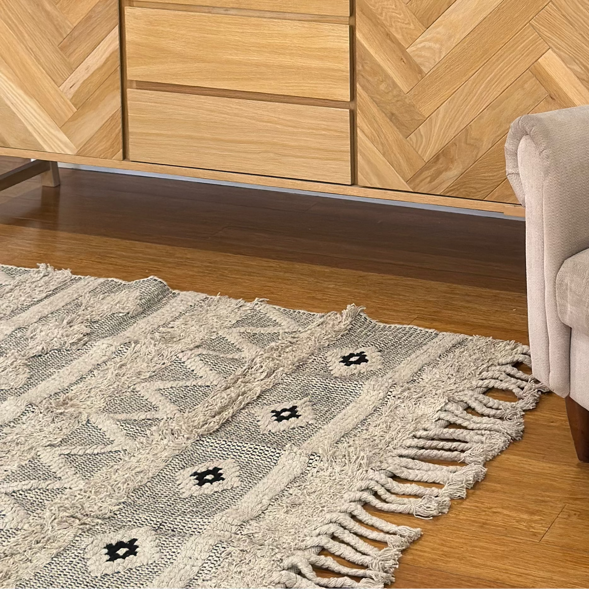 Overhead view of the panelled rug laid flat