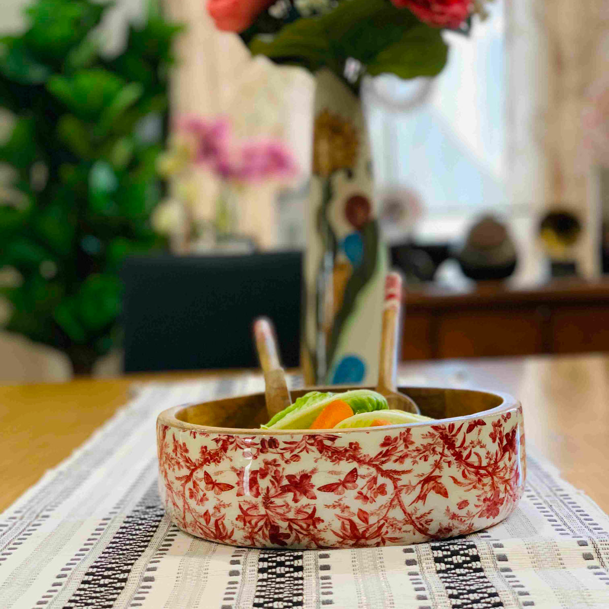 Floral salad bowl set paired with tableware