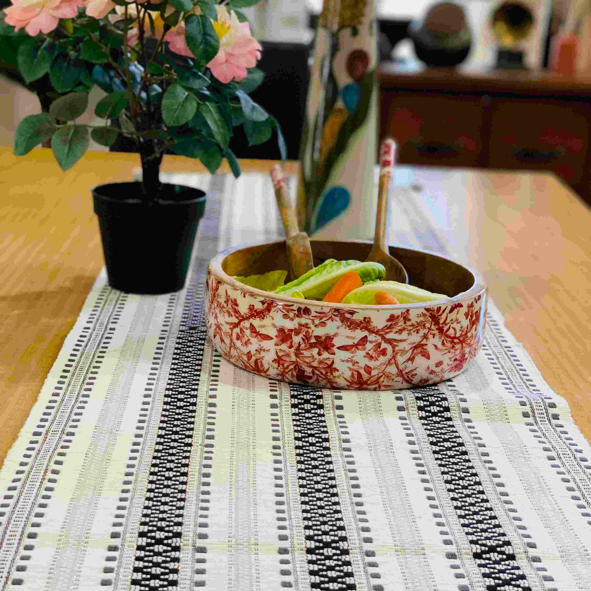 Floral salad bowl set at an angle