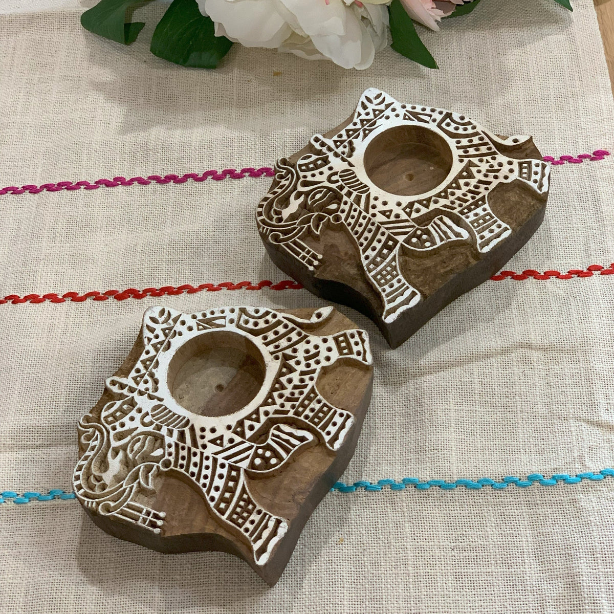 Wooden elephant tealight holders real product photo