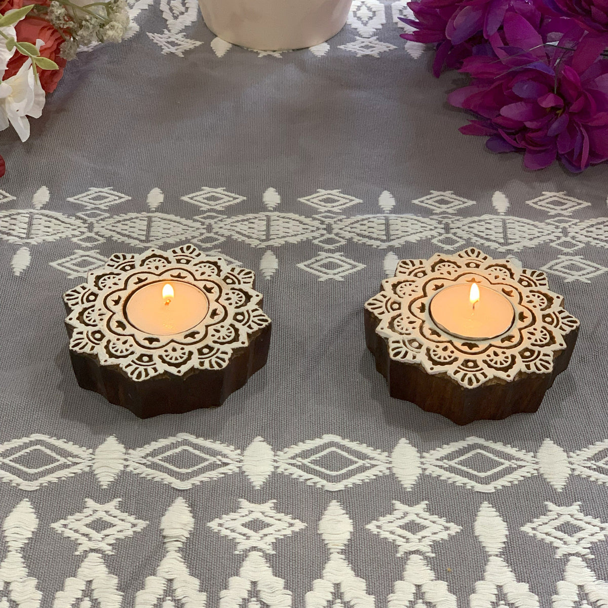 Mandala tealight holder with tealight glowing