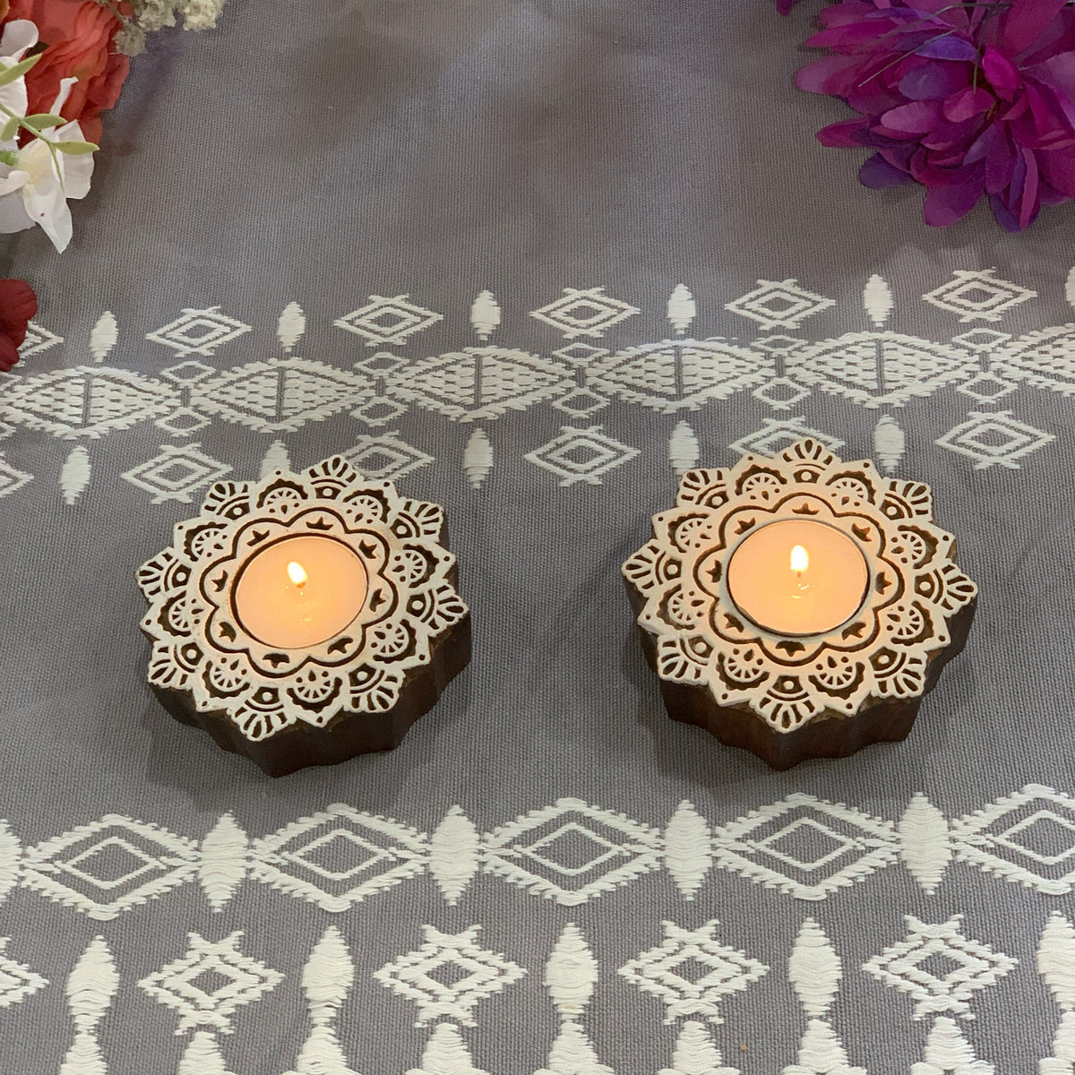 Hand carved mandala holders carving detail