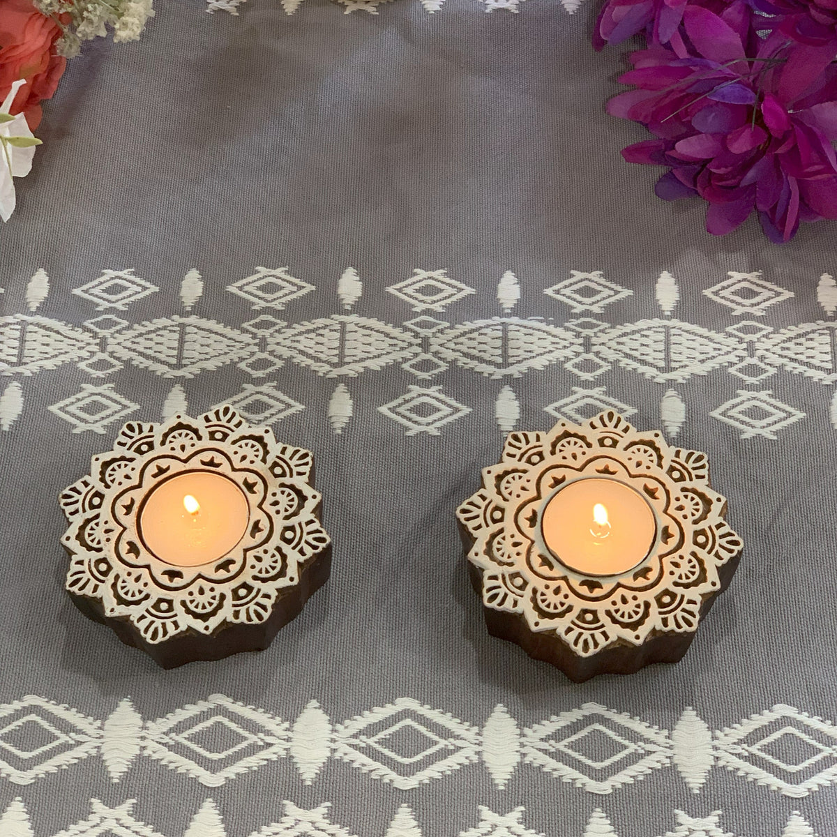 Wooden mandala tealight holders lifestyle close-up