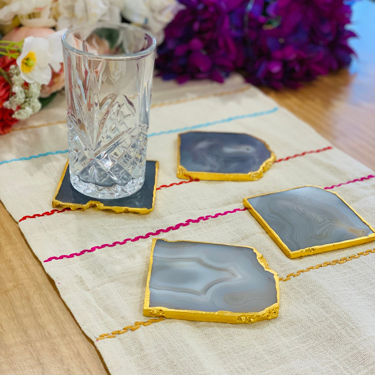 Agate coasters in soft light