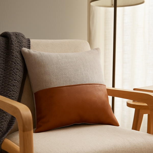 Leather Cushion Cover | Hand-Stitched Cotton Boho Decor